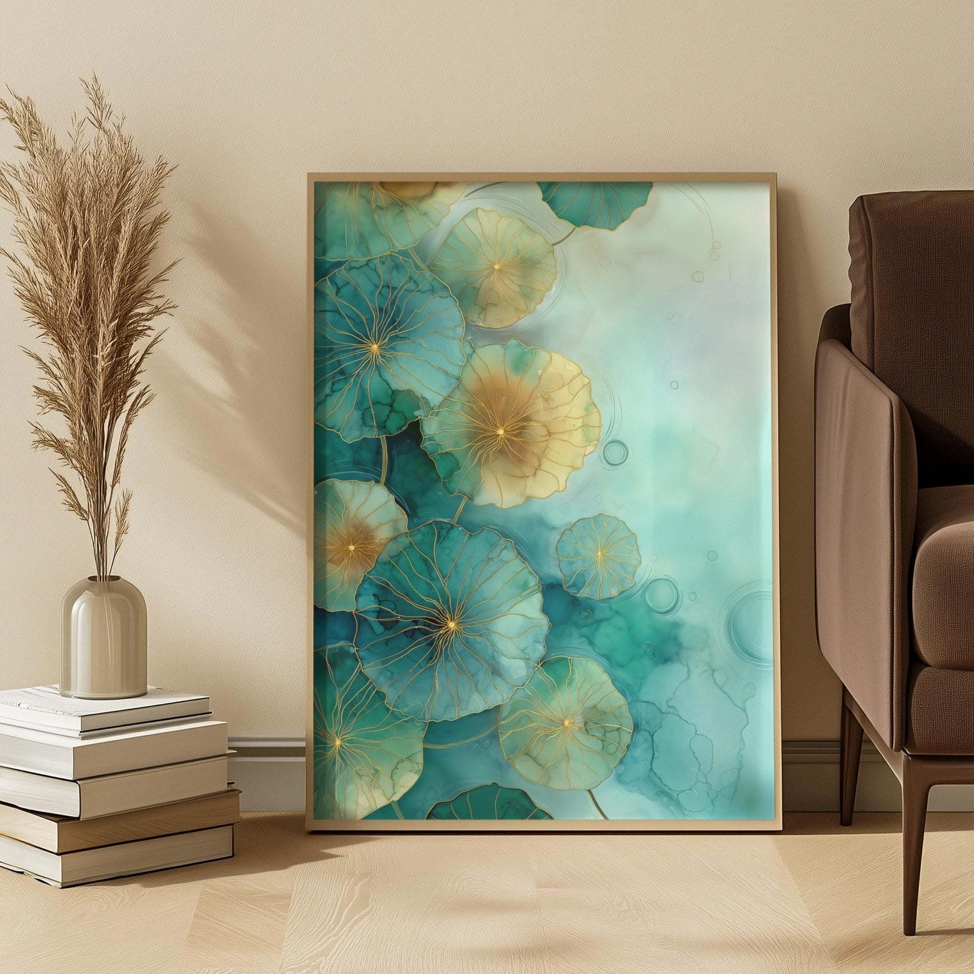 Framed abstract artwork with teal and yellow lotus in a living room setting.