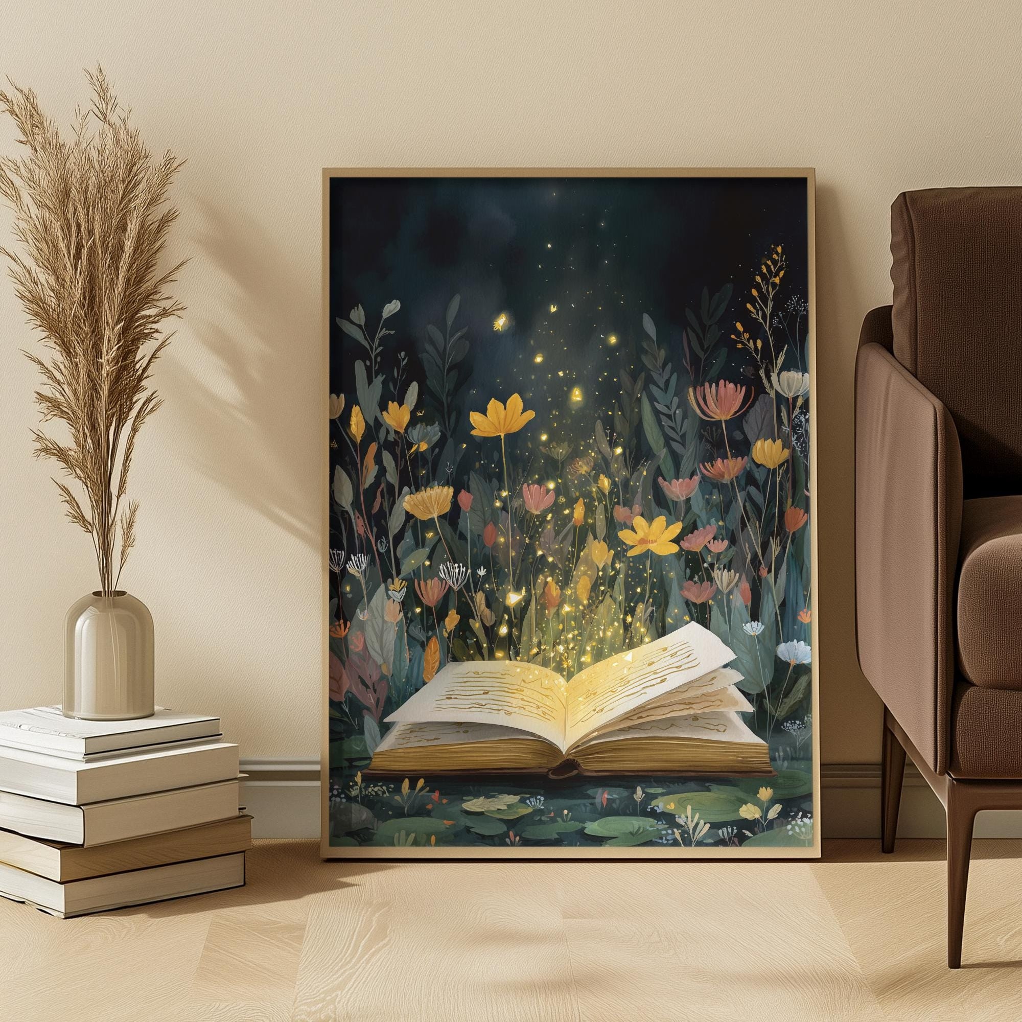 Fireflies Book Art Print: Enchanted Reading Nook Fantasy Illustration