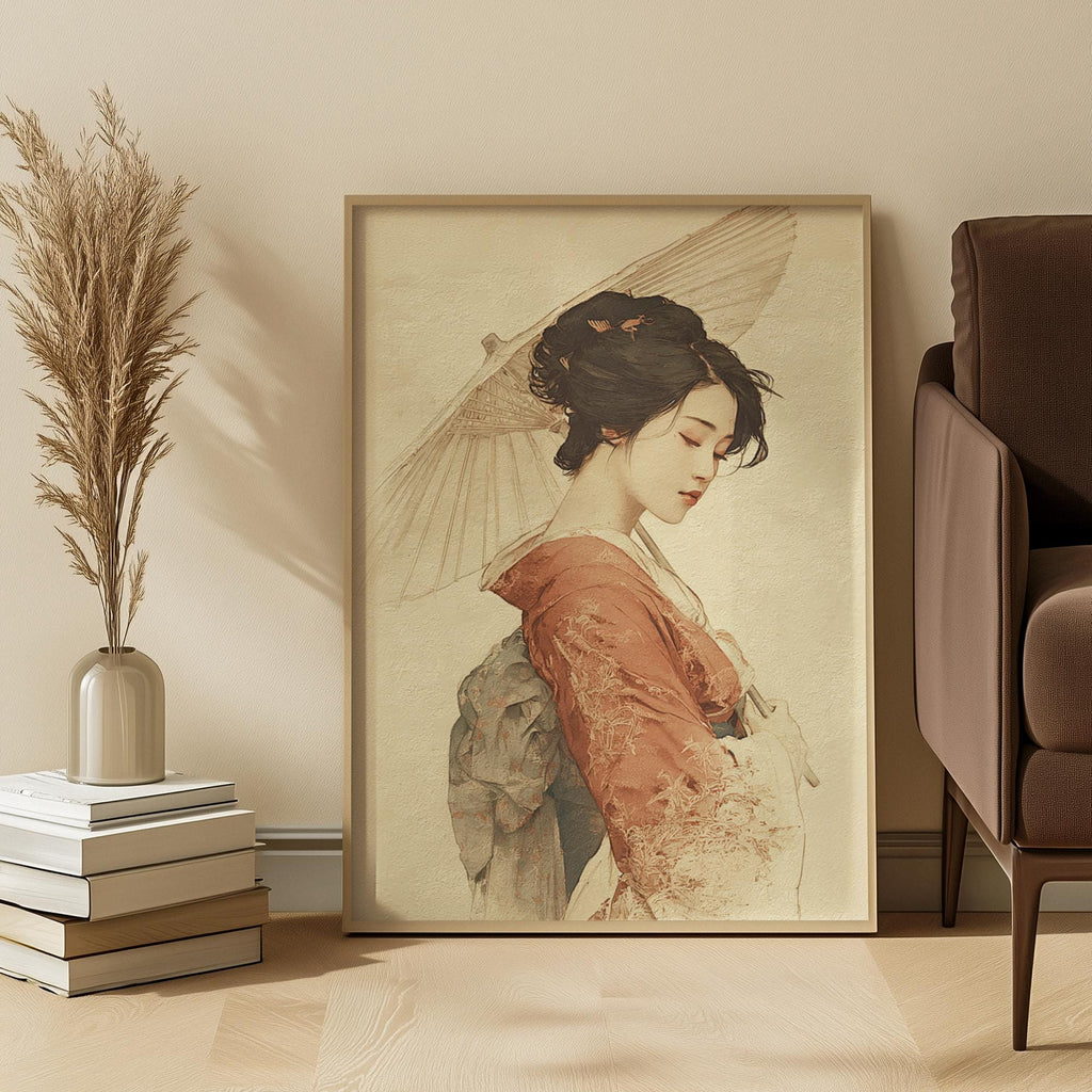 Framed artwork of a Japanese geisha dressed in kimono with an umbrella in a room with decor elements.