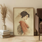 Framed artwork of a Japanese geisha dressed in kimono with an umbrella in a room with decor elements.