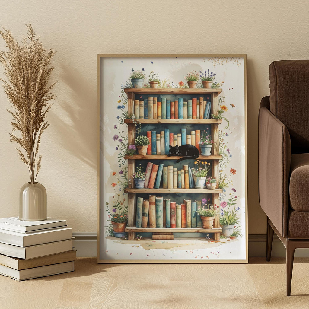 Framed artwork of a cat and bookshelf with plants in a room setting