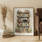 Framed artwork of a cat and bookshelf with plants in a room setting