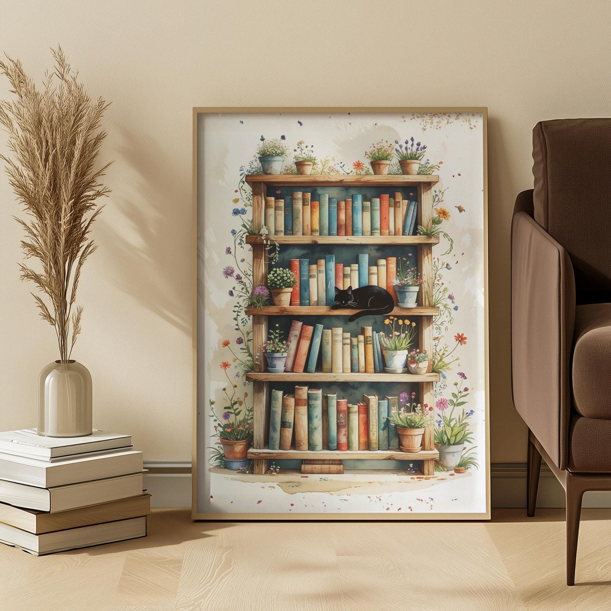 Framed artwork of a cat and bookshelf with plants in a room setting