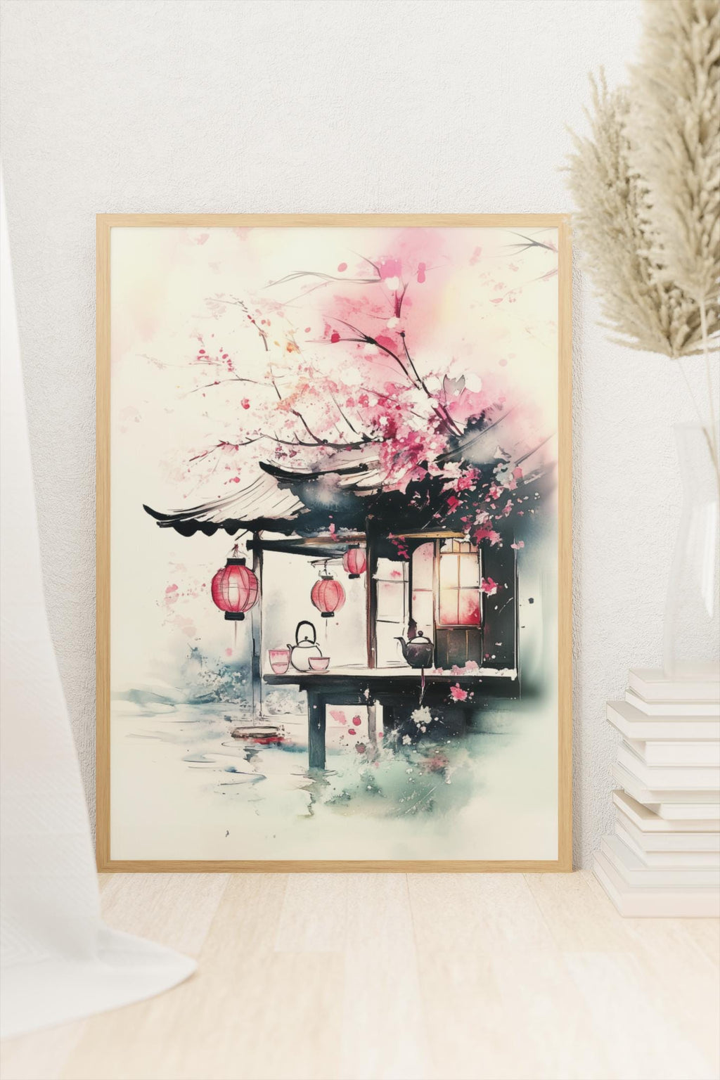 Cherry Blossom Tea House Print: Zen Japanese Wall Art, Calming Home Decor