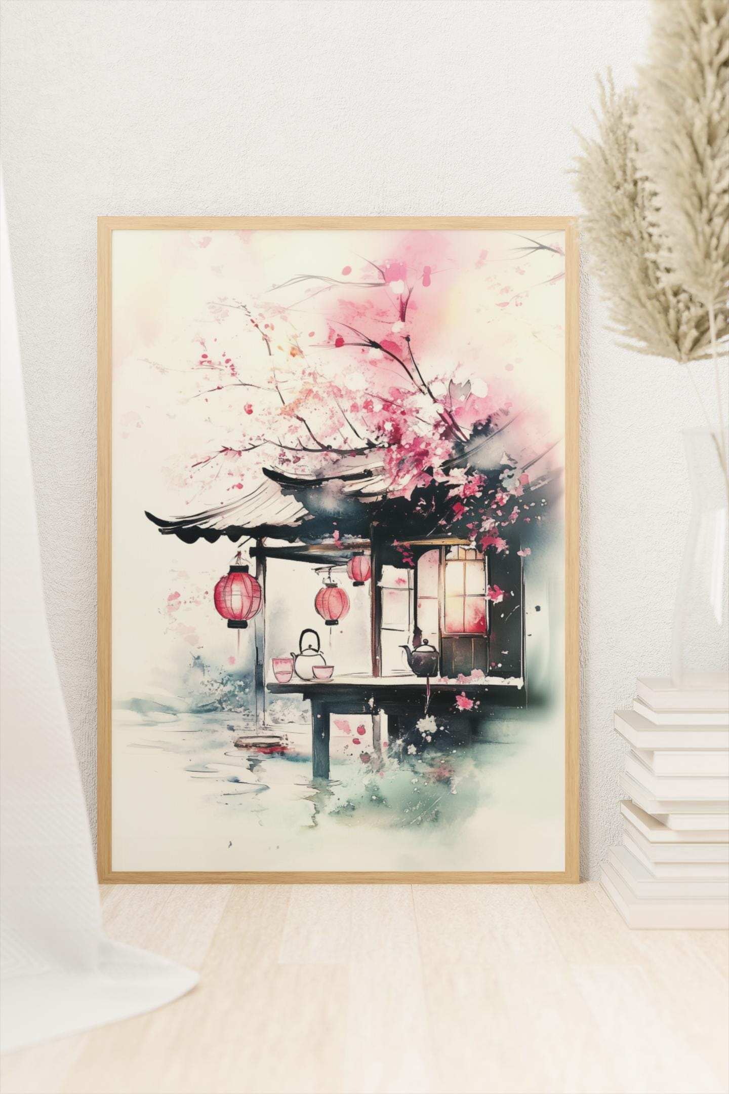 Cherry Blossom Tea House Print: Zen Japanese Wall Art, Calming Home Decor