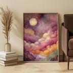 Celestial Moon Art Print: Gold Starry Sky, Pink Purple Clouds