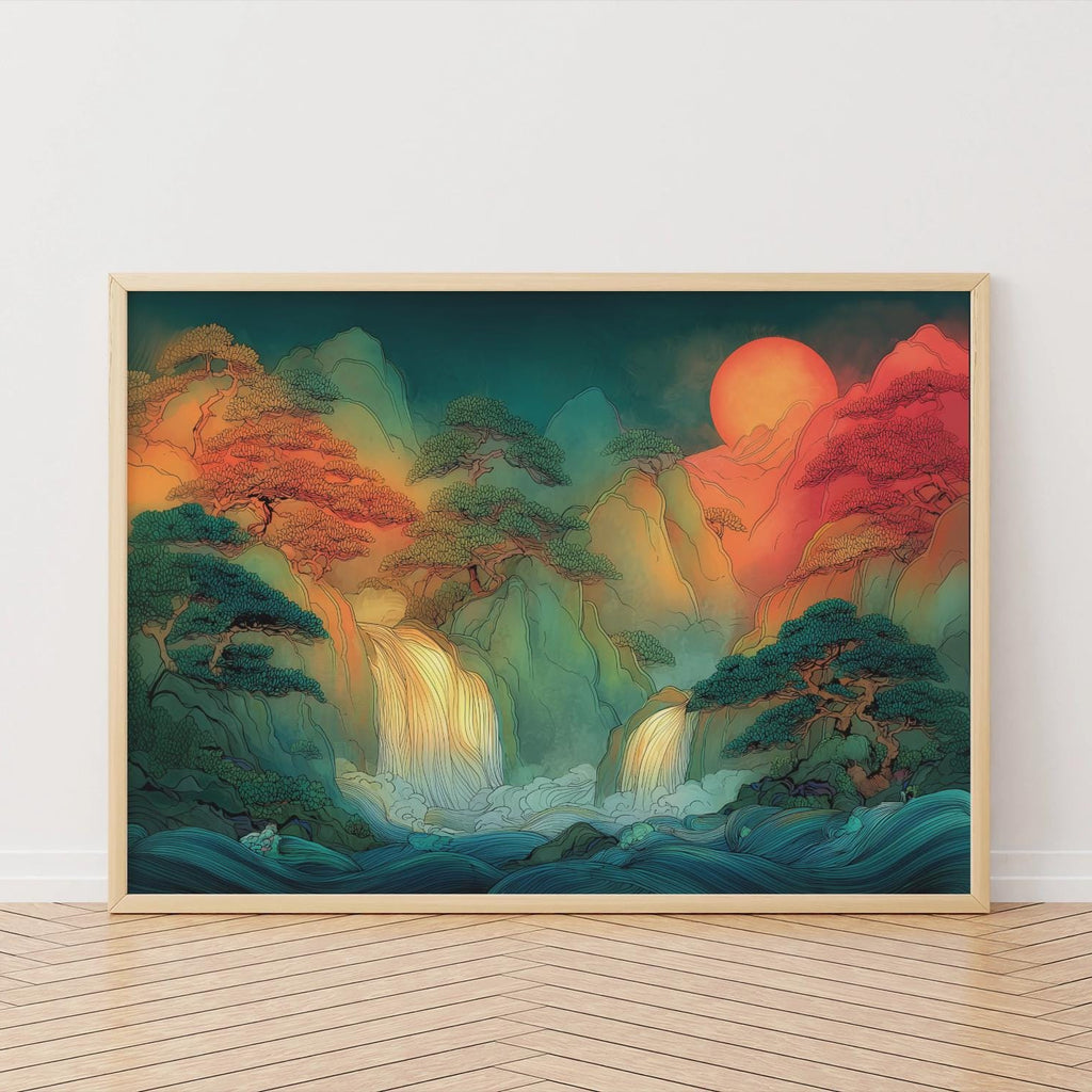 Framed artwork of a colorful Korean mountain landscape with glowing elements on a white wall.