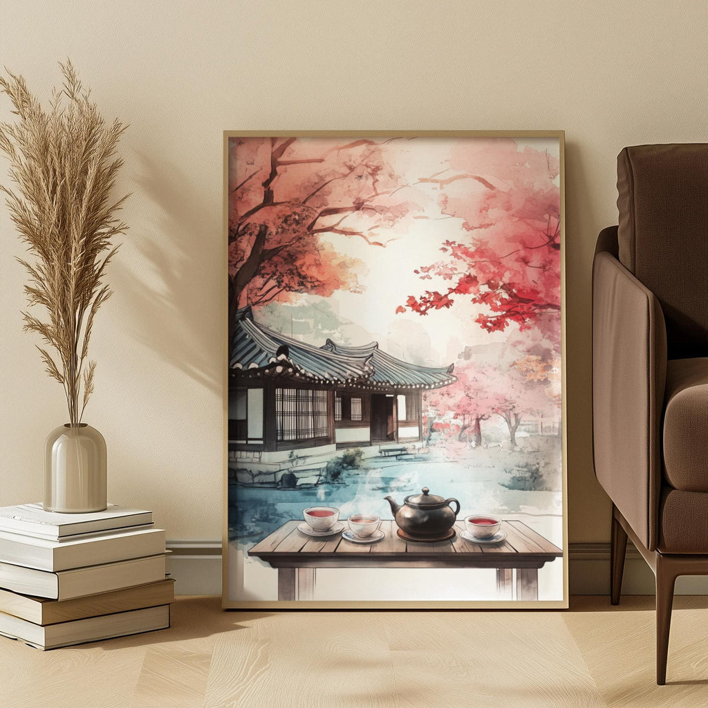 Korean Hanok Tea House Print: Autumn Maple Landscape, Asian Art