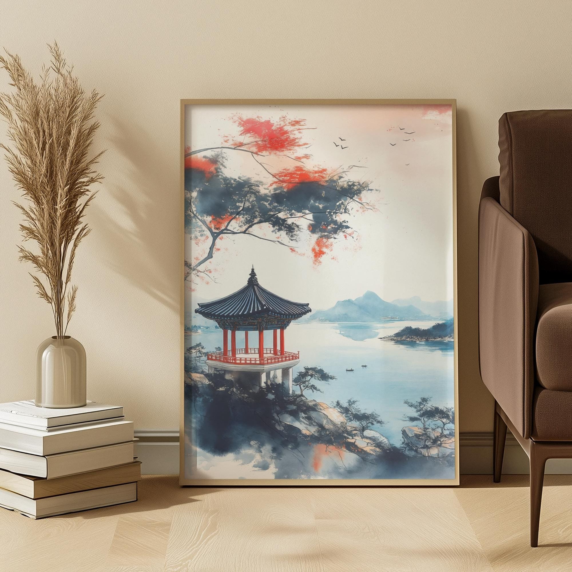 Framed artwork of a traditional Korean temple with mountains and trees in a living room setting.