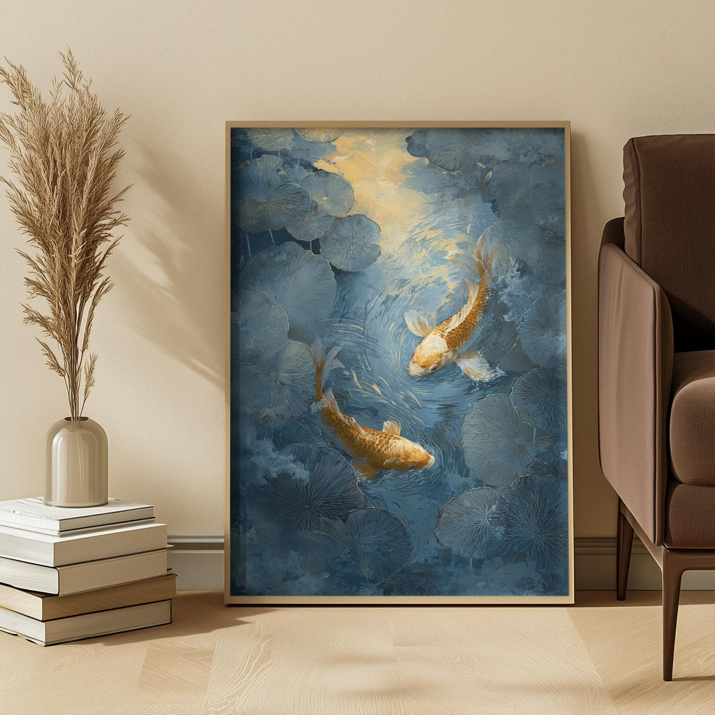 Framed artwork of two koi fish in a room with a couch and decorative items.