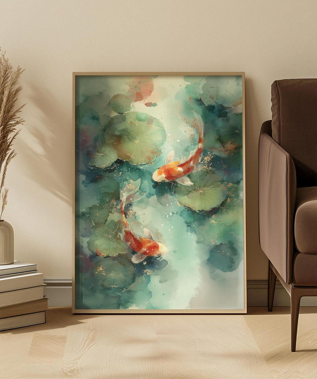 Watercolor Koi Fish Print: Teal Pond, Lily Pads