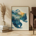 Framed artwork of a bear with mountain and forest design in a living room setting.
