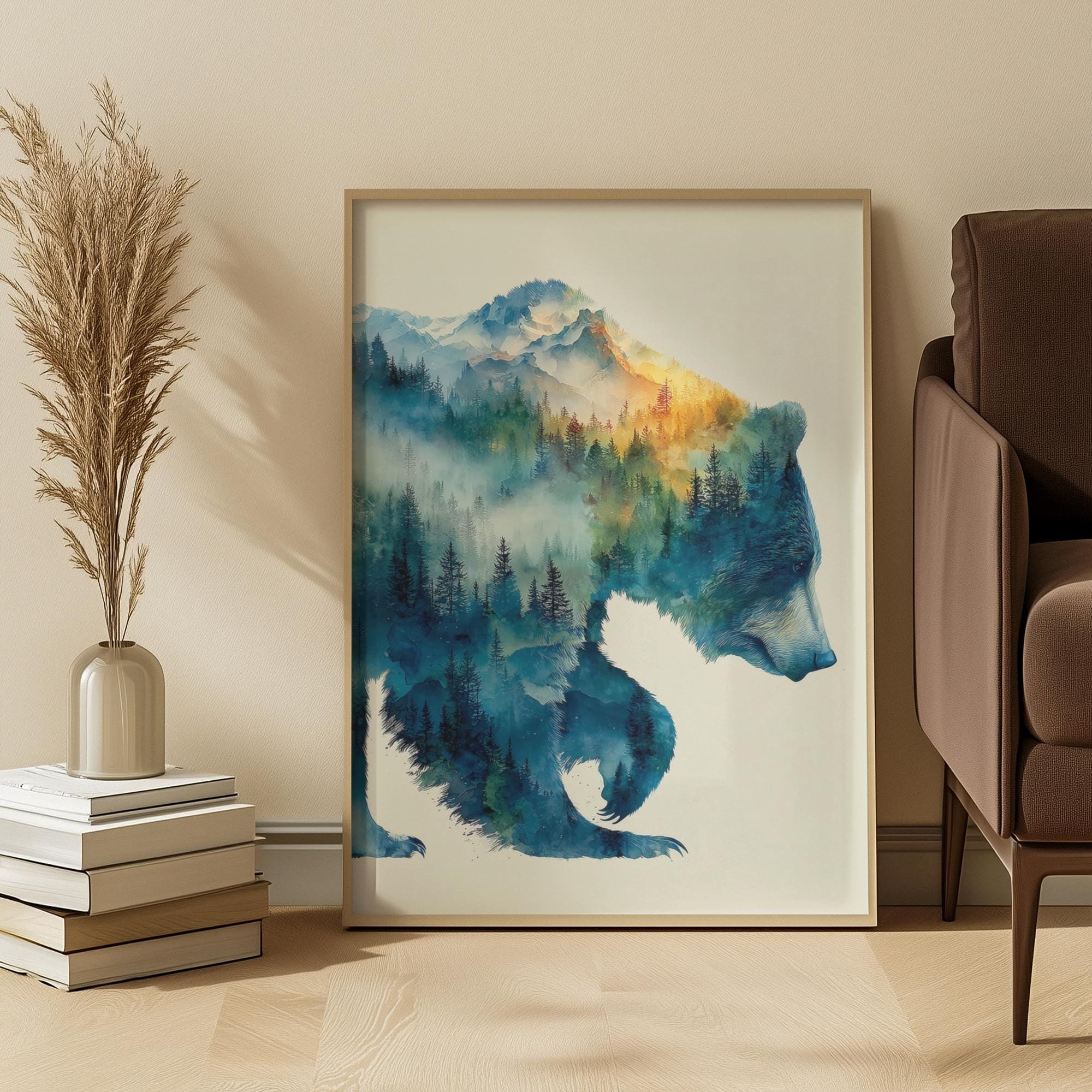 Framed artwork of a bear with mountain and forest design in a living room setting.