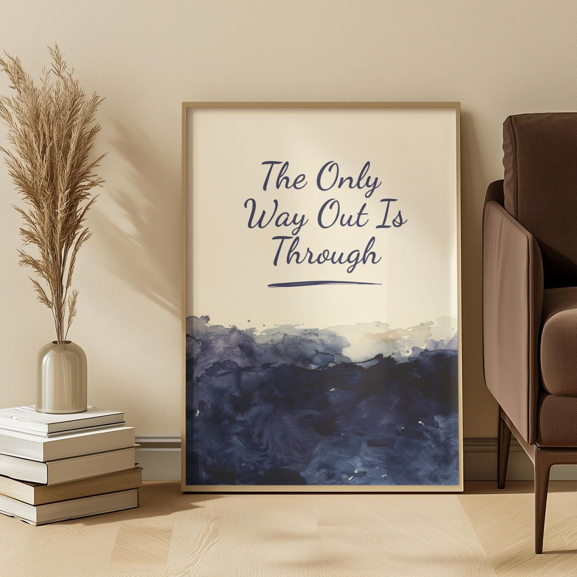Motivational Quote Typography Art Print: Navy Blue Calm Watercolour Motivational