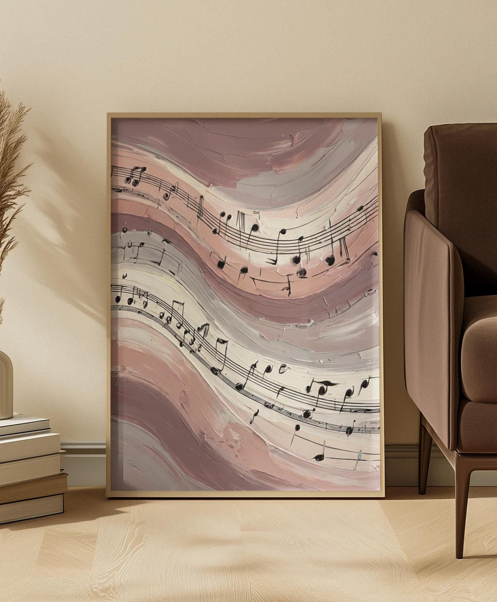 Framed abstract artwork with music notes in a living room setting