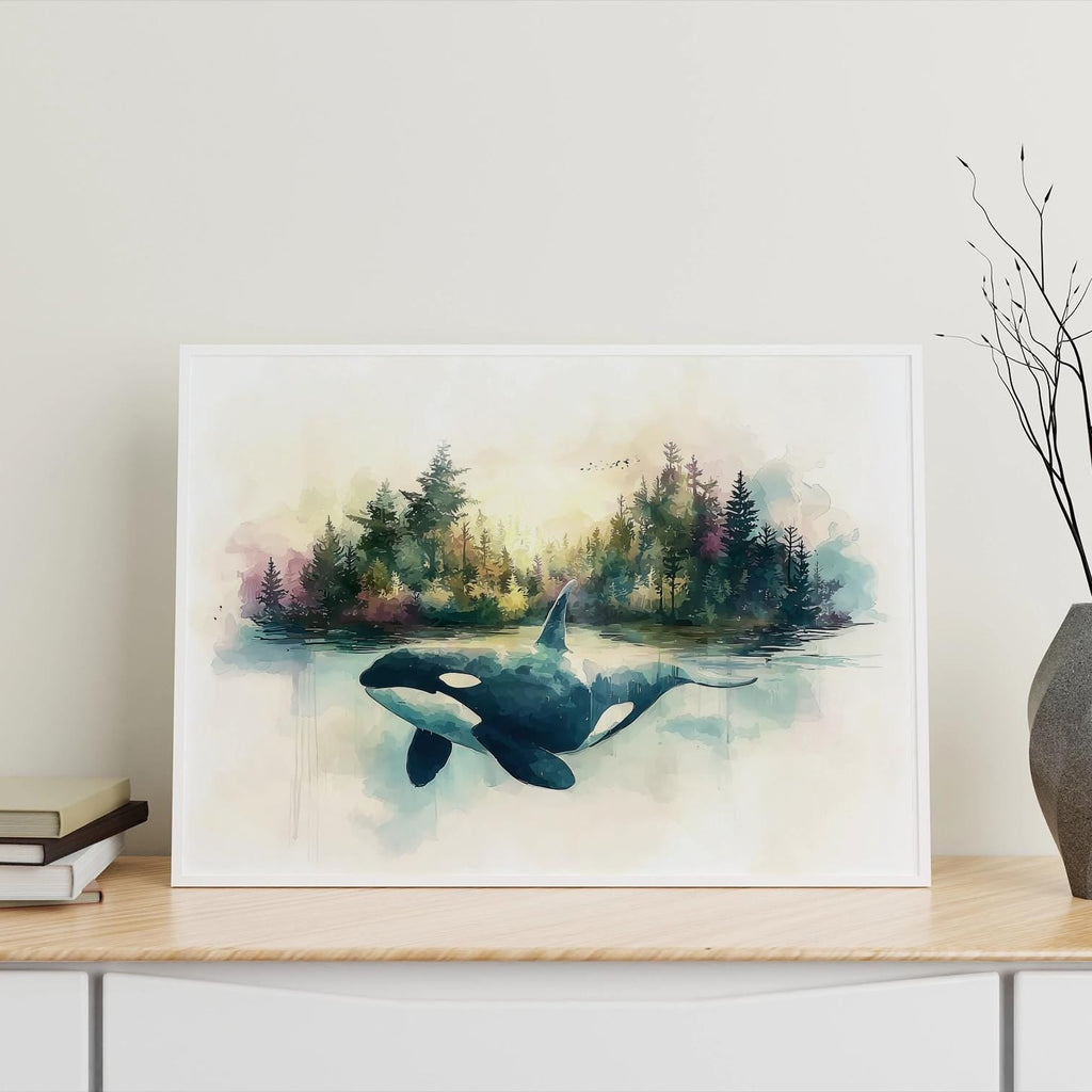Framed artwork of an orca whale in a forest setting on a table with a vase and books.