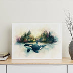 Framed artwork of an orca whale in a forest setting on a table with a vase and books.