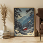 Framed Japanese winter shinto landscape print on a wall with a cozy room setting.