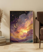 Celestial Art Print: Gold Starry Night, Crescent Moon