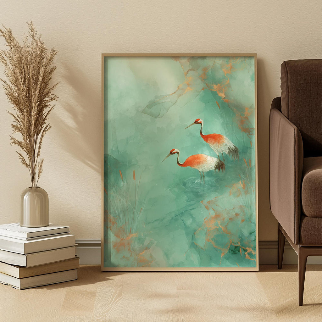 Framed artwork of two cranes on a teal and gold background in a living room setting.