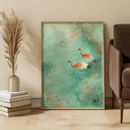 Framed artwork of two cranes on a teal and gold background in a living room setting.