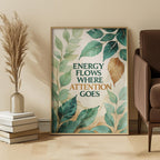 Botanical Quote Art Print: Green and Gold Minimal Watercolor Design with Mindful Energy Message