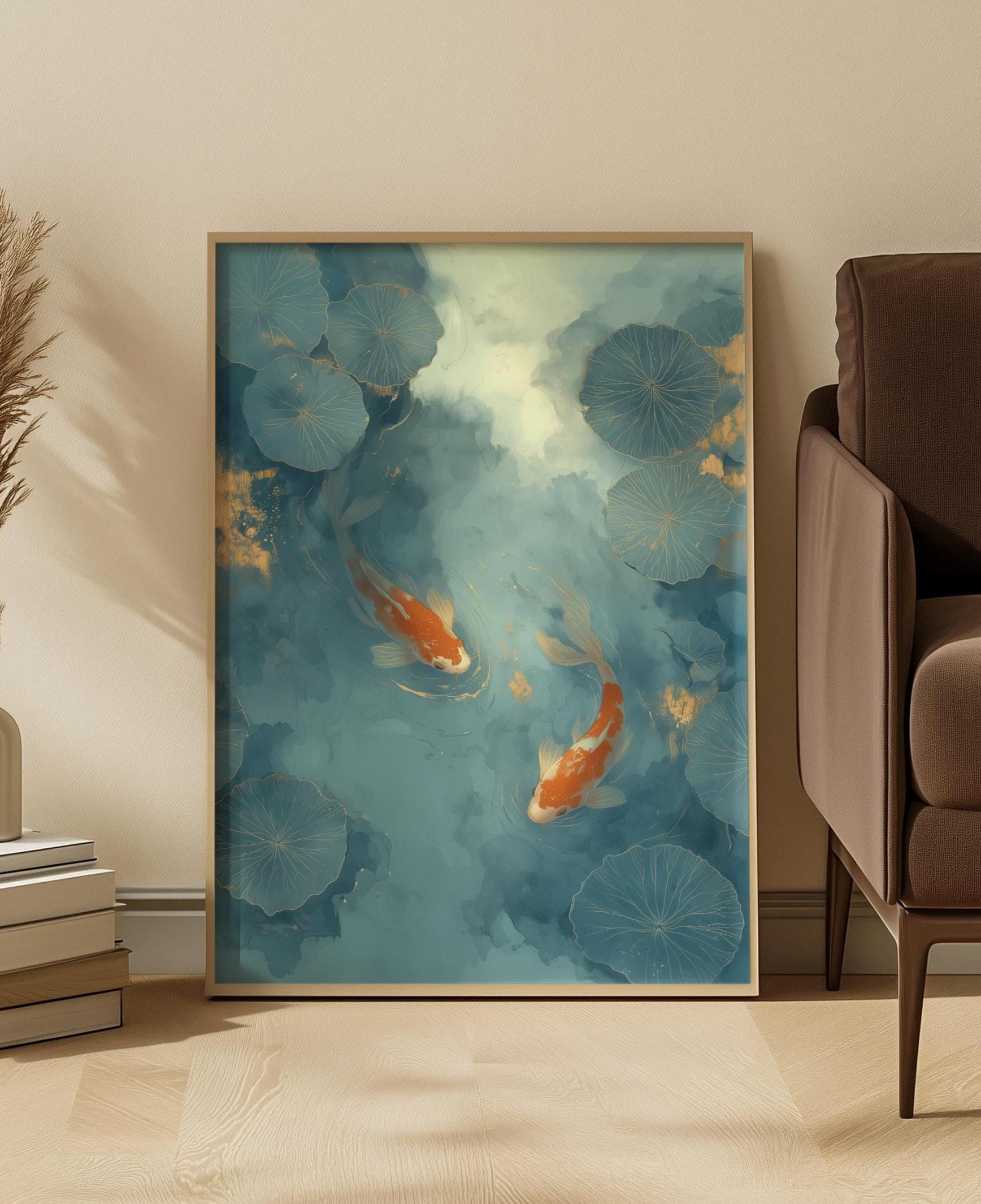 Koi Fish and Lotus Pond Art Print: Tranquil Japanese Garden Decor