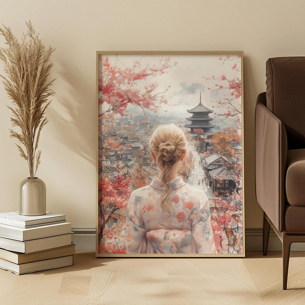 Framed artwork of a woman in a traditional kimono with cherry blossoms and a kyoto pagoda in a living room setting.