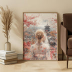 Framed artwork of a woman in a traditional kimono with cherry blossoms and a kyoto pagoda in a living room setting.