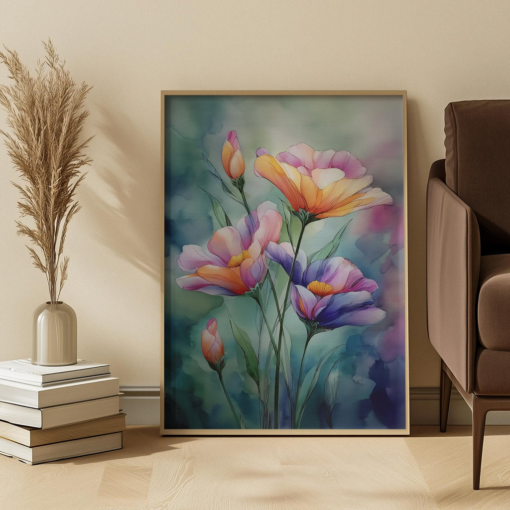 Framed floral painting on a wall in a room with a chair and decorative items.