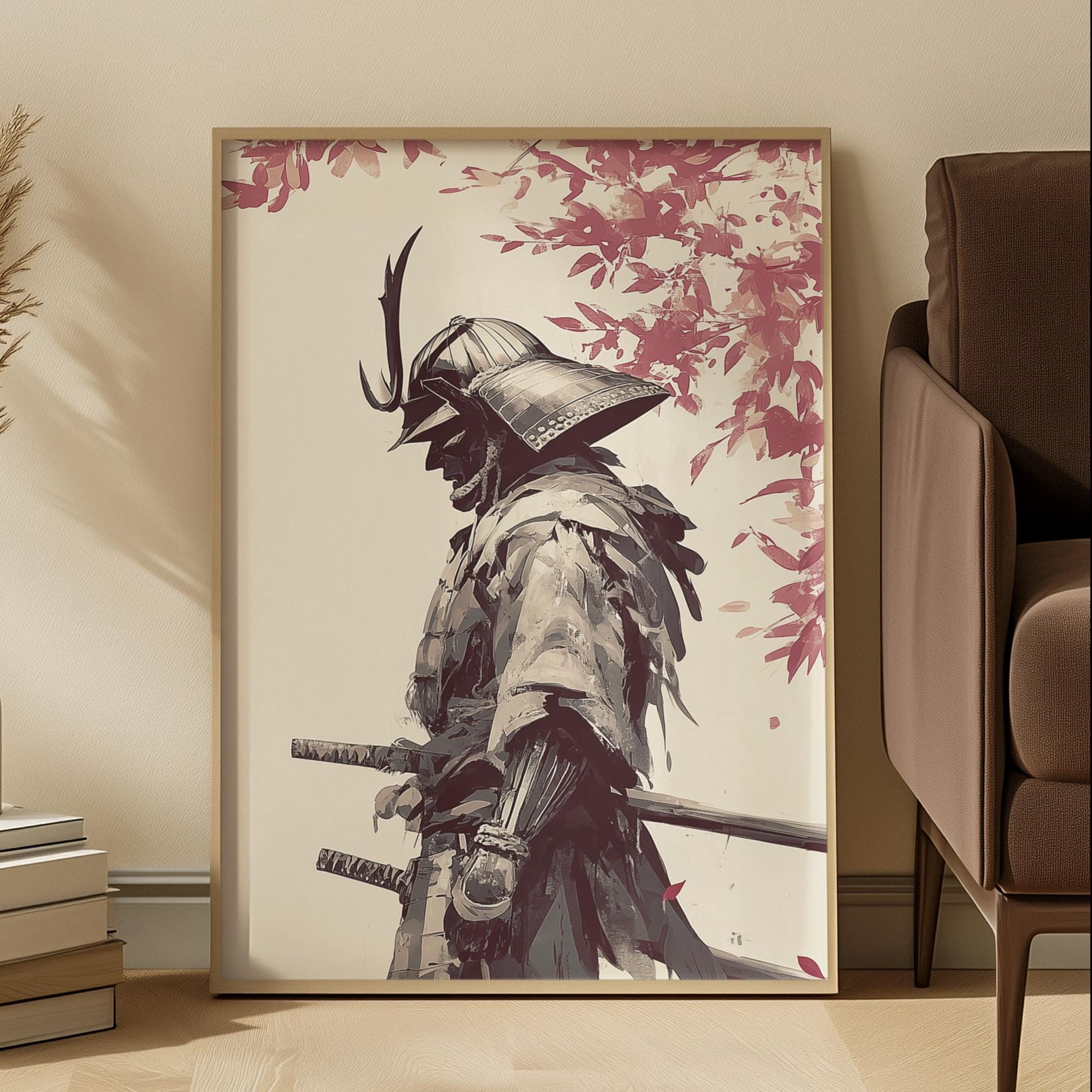 Japanese Samurai Art Print: Minimalist Ink Painting, Zen Wall Decor