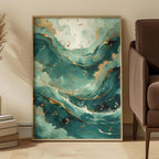 Abstract Ocean Symphony Art Print: Teal Waves and Gold Musical Notes