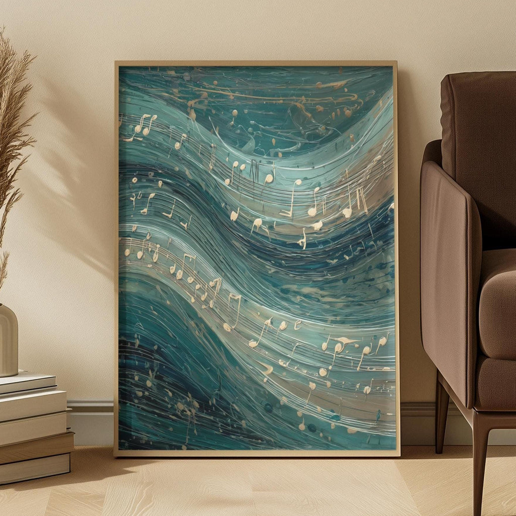 Abstract Musical Wave Art Print: Teal Flowing Notes Ocean Rhythm Scene