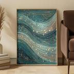 Abstract Musical Wave Art Print: Teal Flowing Notes Ocean Rhythm Scene