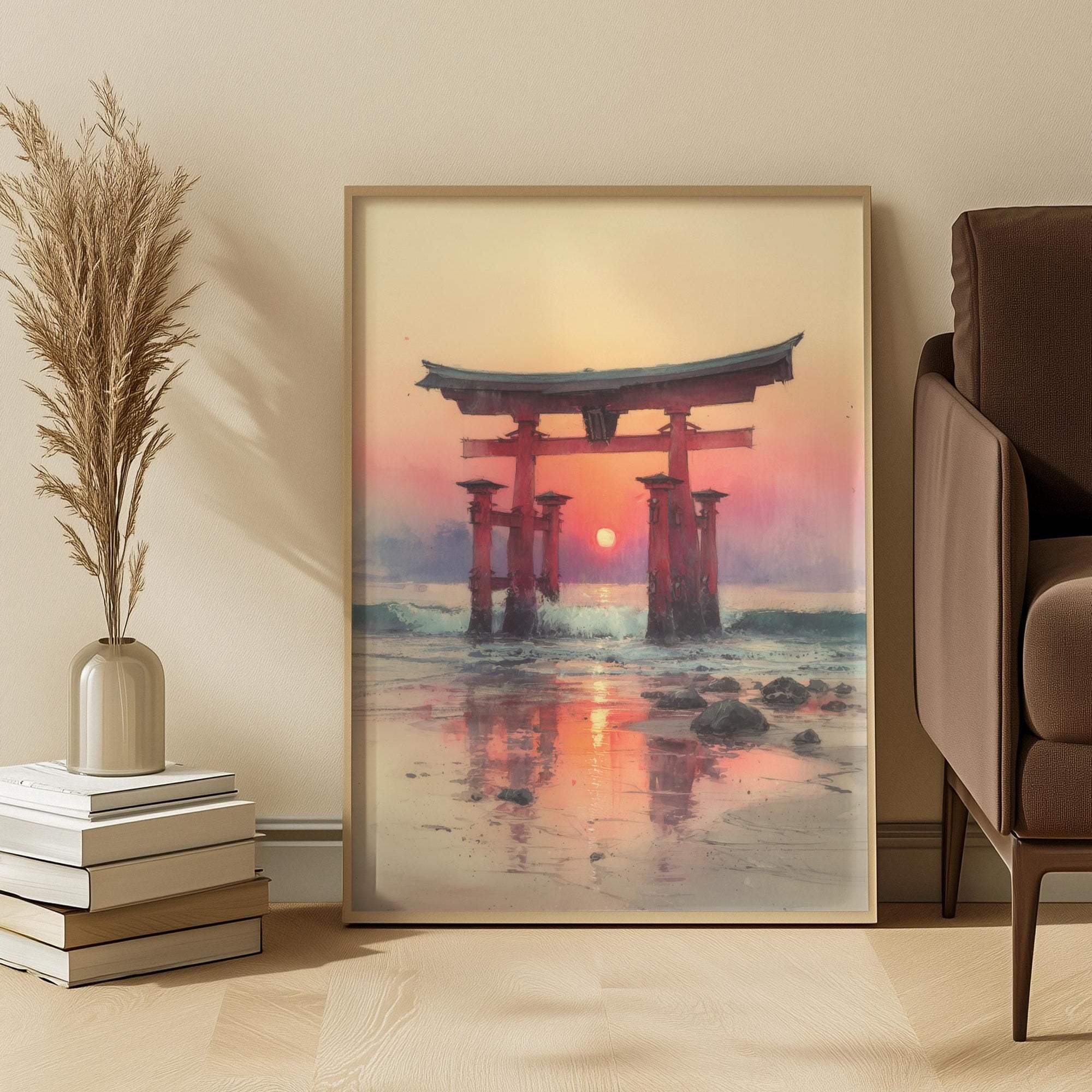 Japanese Torii Gate Art Print: Sunset Reflection Seascape in Warm Pastel Tones