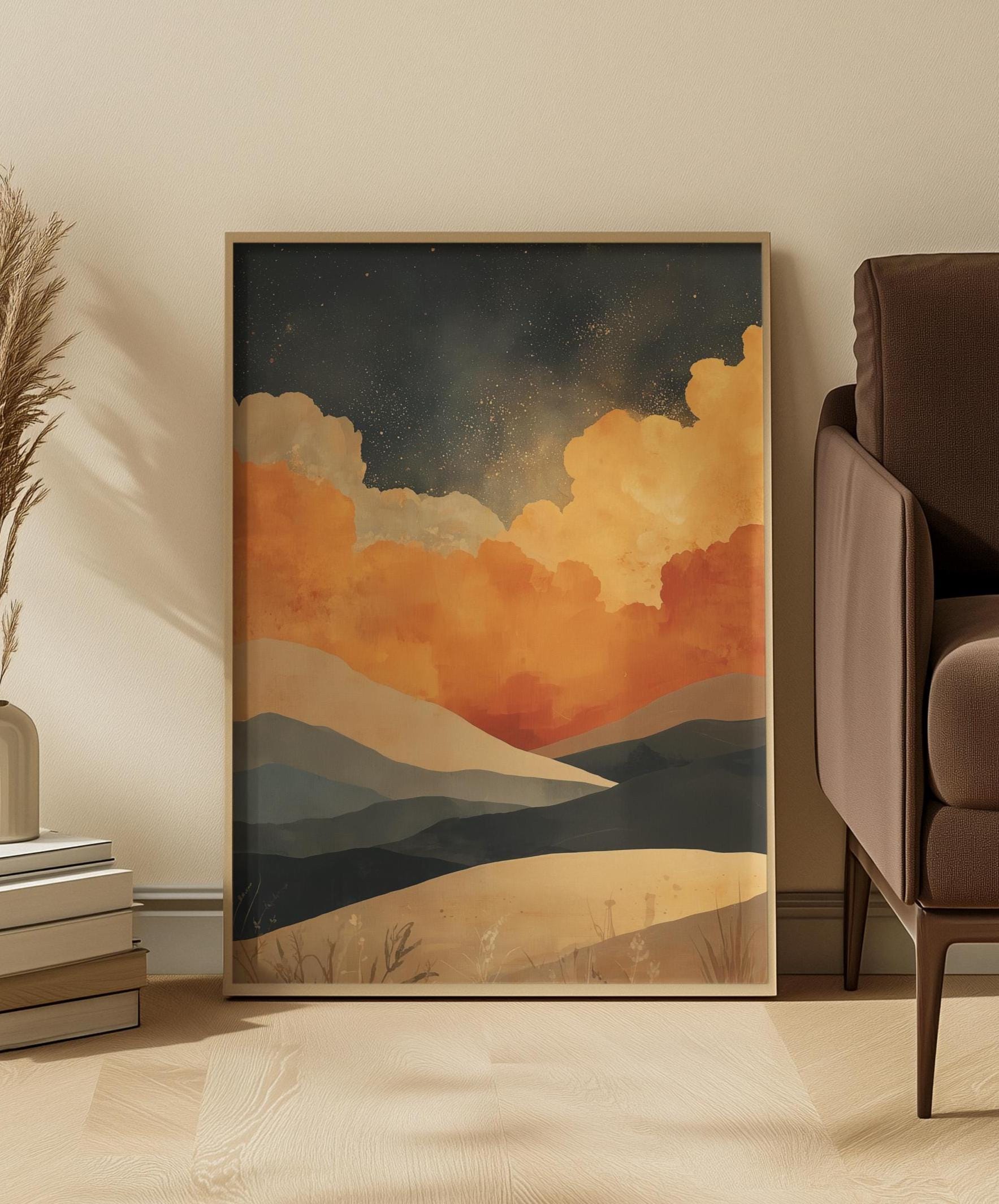 Abstract Desert Landscape Art Print: Golden Mountains, Starry Sky