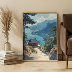 Framed landscape painting of a mountainous scene with a lake and traditional building, displayed in a room with a beige wall, books, and a vase.