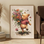 Framed artwork of a Winnie the Pooh Bear holding flowers in a living room setting