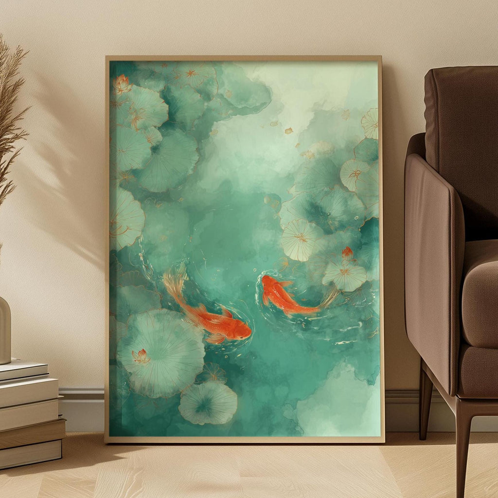 Framed artwork of koi fish in a watercolor style on a wall next to a brown armchair.