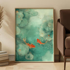 Framed artwork of koi fish in a watercolor style on a wall next to a brown armchair.