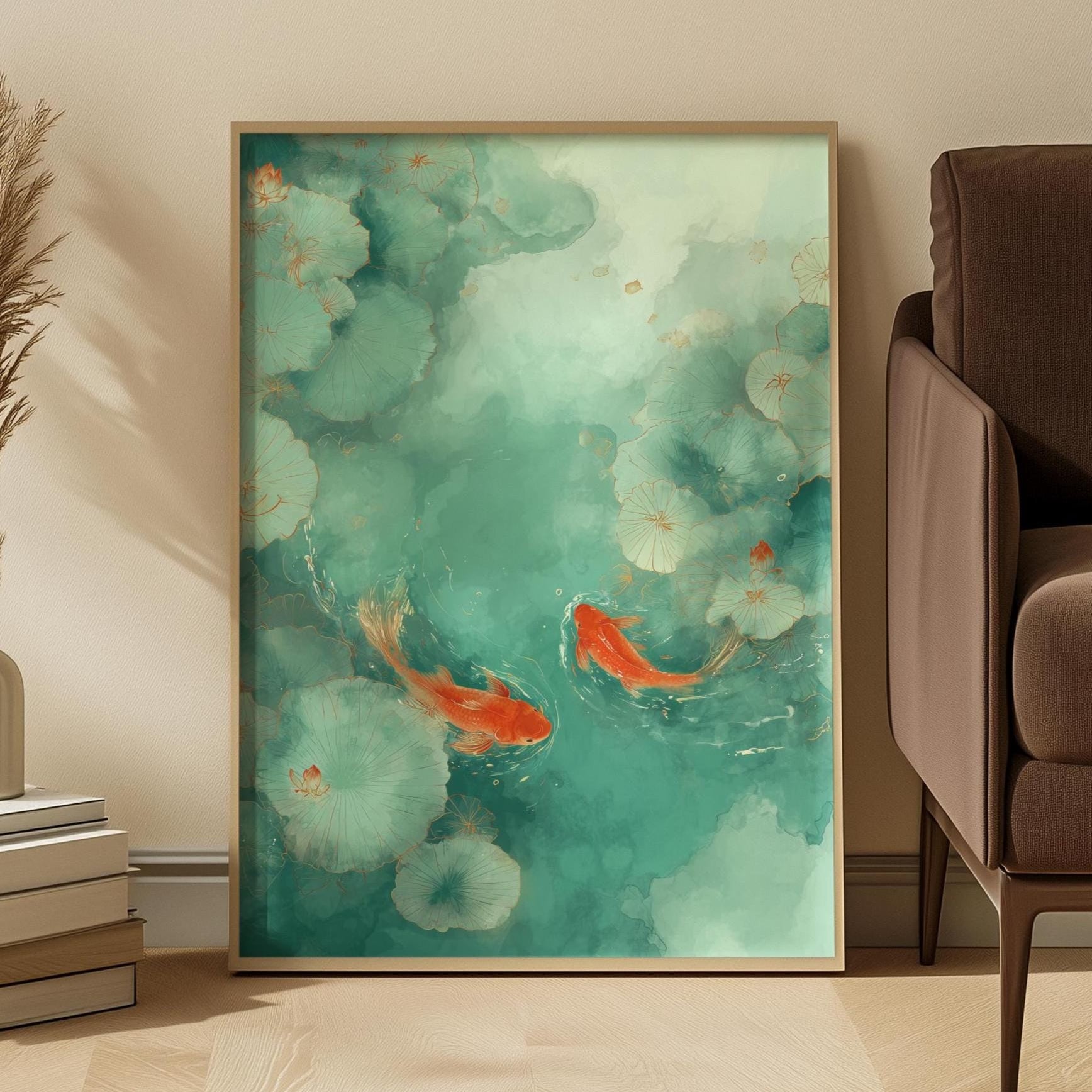 Framed artwork of koi fish in a watercolor style on a wall next to a brown armchair.