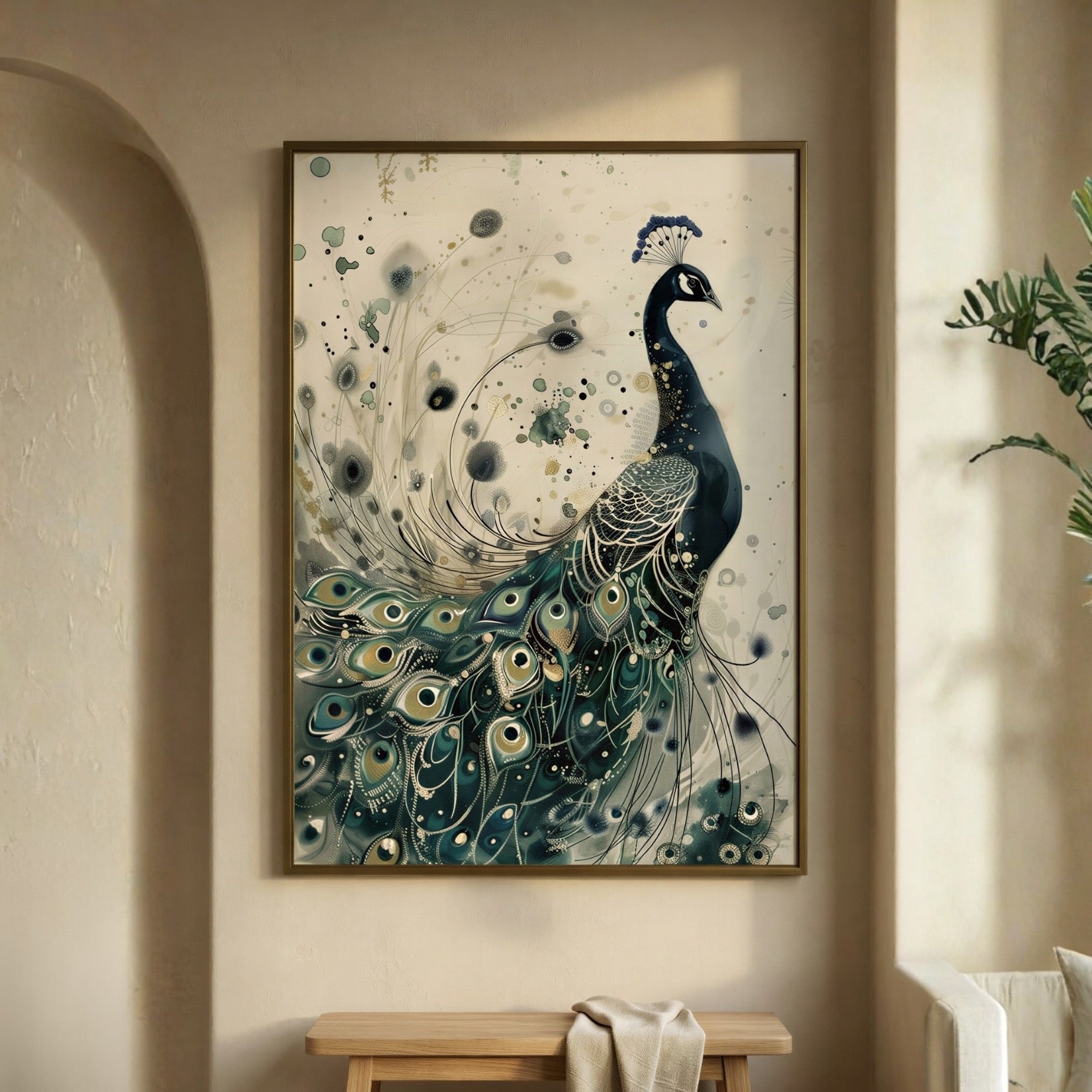 A framed wall art print featuring a stylized peacock with a long feathered tail in deep blue, teal, cream, and gold tones, displayed in a warm beige interior above a wooden bench.