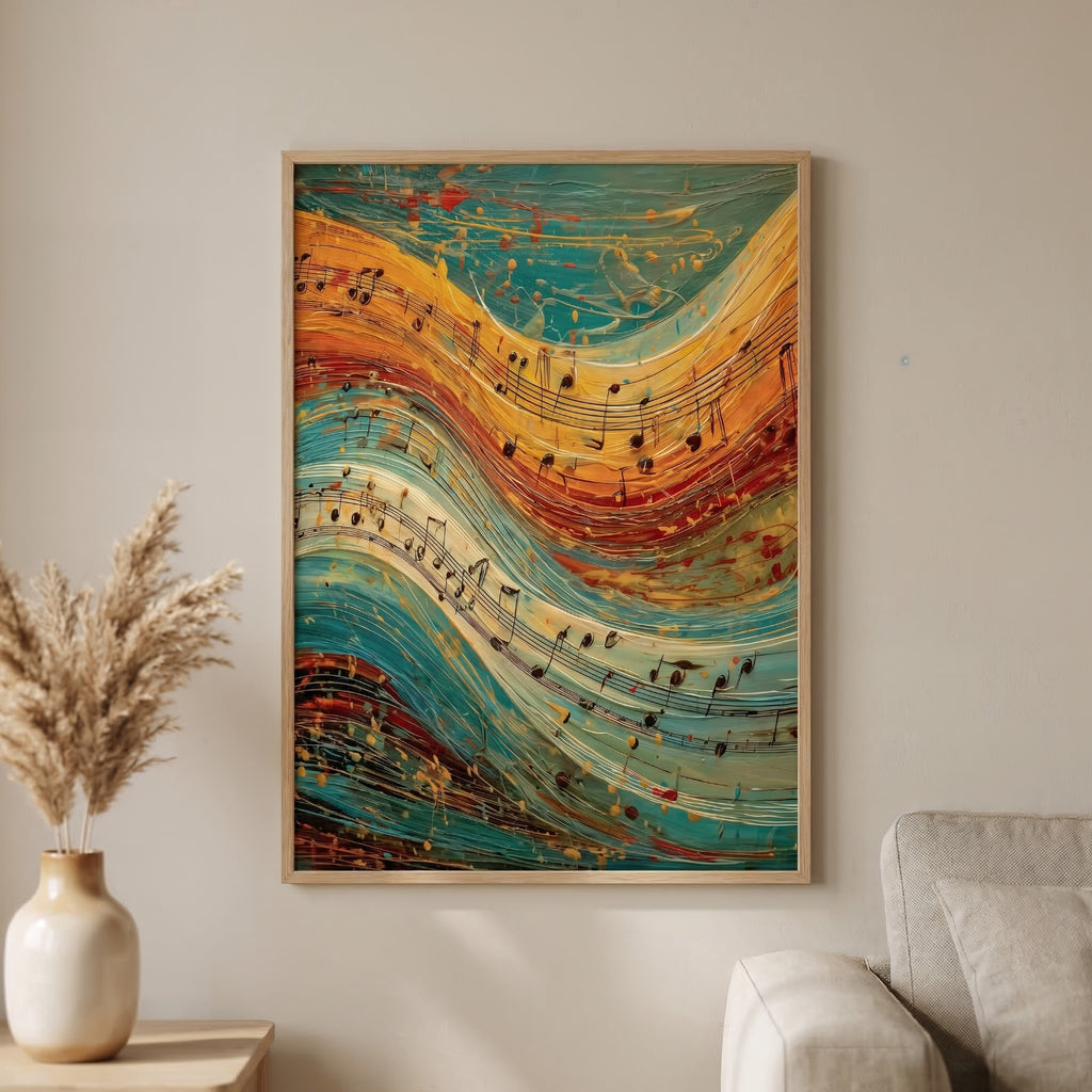 A framed abstract wall art print hangs on a beige wall above a sofa, with a vase of dried grass on a side table. The artwork features flowing wavy bands of teal, orange, red, and yellow with musical notes and staff lines.