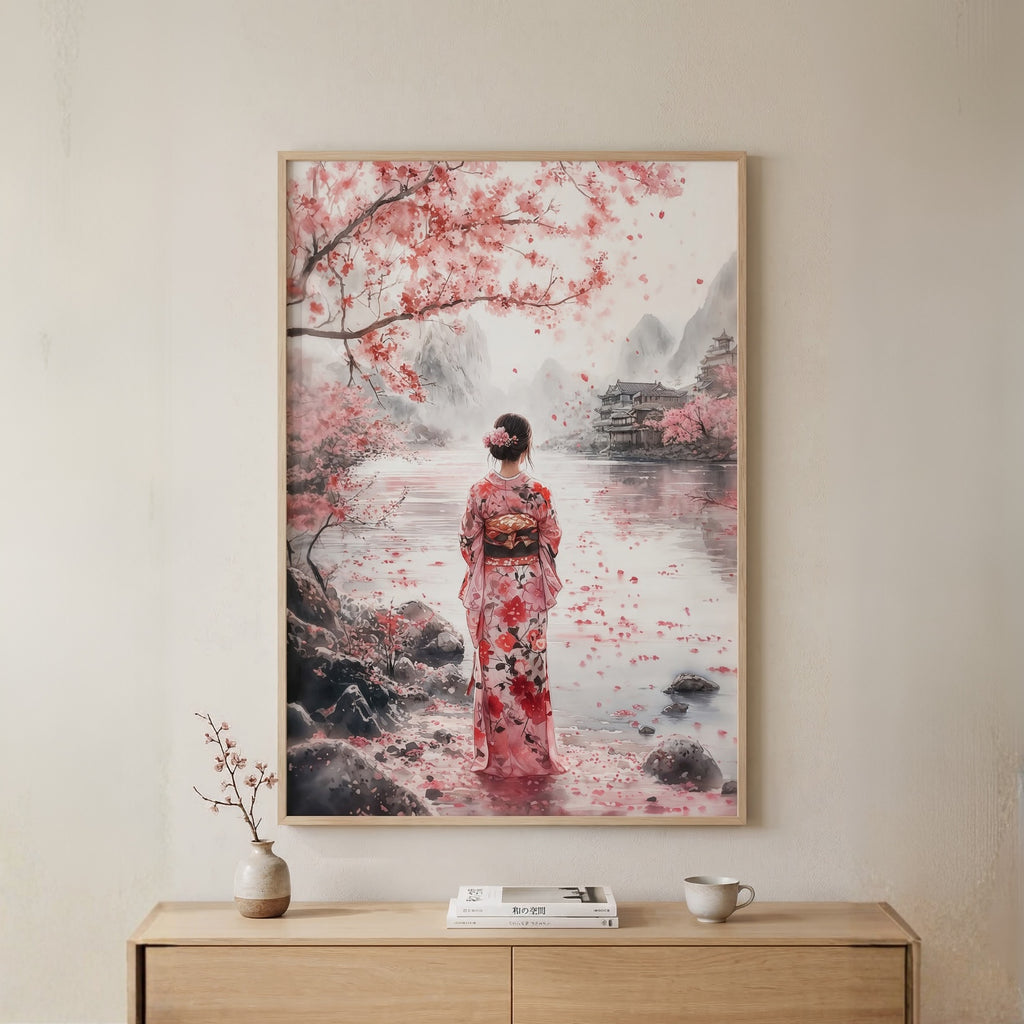 A framed art print depicting a woman in a pink floral kimono standing by a river under blooming cherry blossom trees, displayed on a beige wall above a light wood console table with a small vase and books.