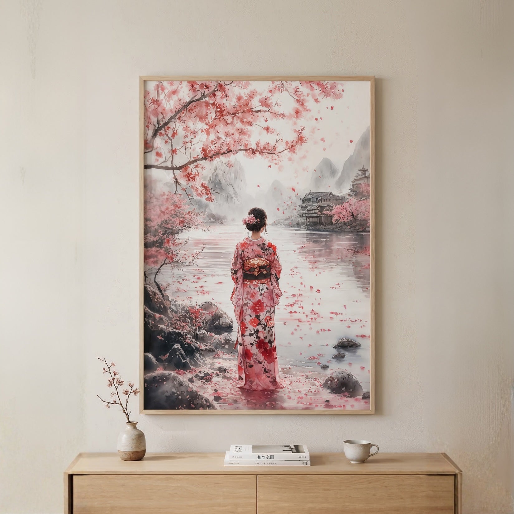 A framed art print depicting a woman in a pink floral kimono standing by a river under blooming cherry blossom trees, displayed on a beige wall above a light wood console table with a small vase and books.