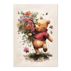 Illustration of Winnie the Pooh holding a bouquet of flowers on a beige background
