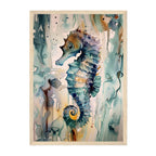Framed artwork of a colorful seahorse on a white background