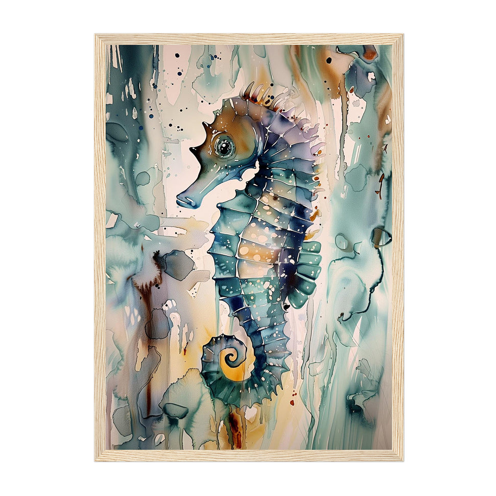 Coastal Watercolor Seahorse Art Print: Teal Blue Ocean Wall Decor