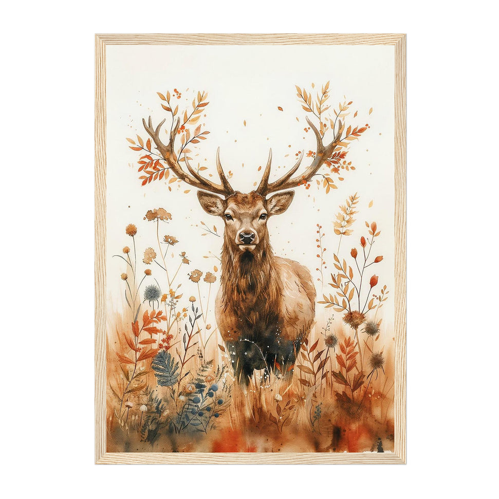 Watercolor Botanical Deer Art Print: Warm Autumn Woodland Wildlife Scene