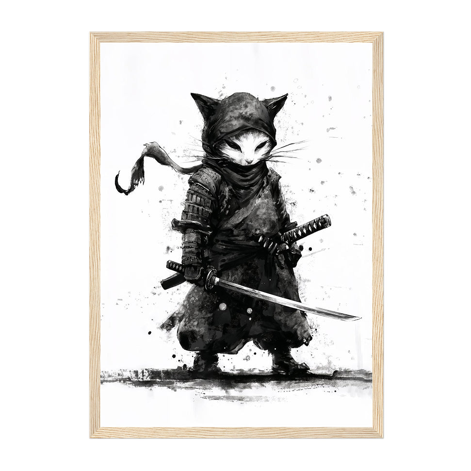 Monochrome Ninja Cat Art Print: Black White Ink Warrior Stealth Scene